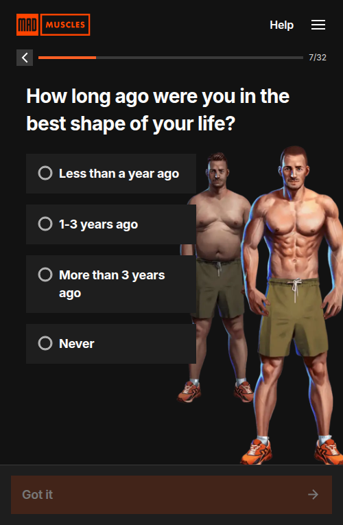 MadMuscles quiz screen 7 of 32: 'How long ago were you in the best shape of your life?' with a before/after body illustration