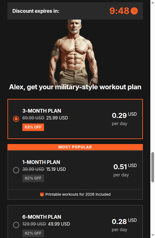 MadMuscles paywall in USD: 3-month plan 25.99 (63% off), 1-month, 6-month, with a discount countdown