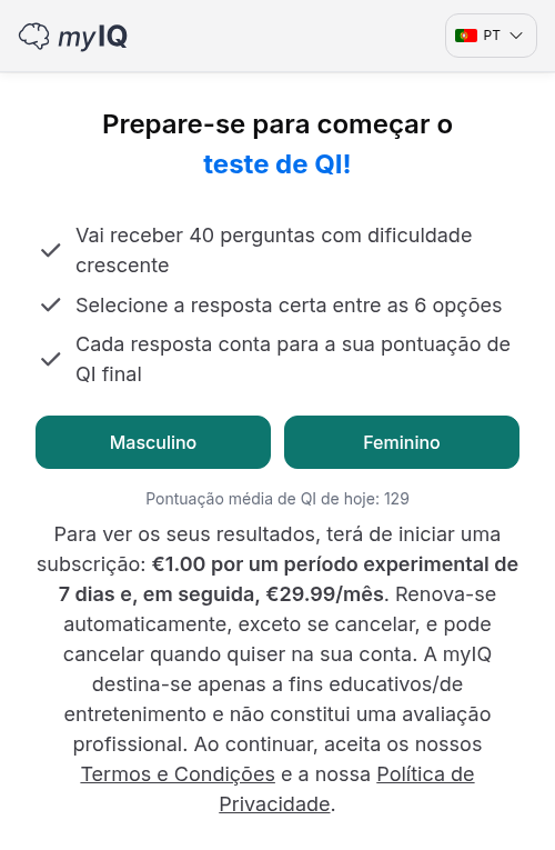 MyIQ Portuguese landing: 'Prepare-se para começar o teste de QI!' with 40-question promise and Masculino/Feminino buttons