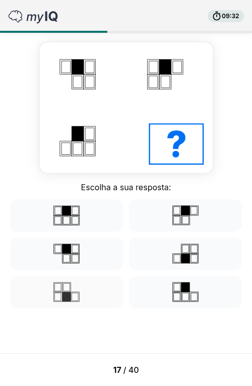 MyIQ matrix-reasoning question in Portuguese, 'Escolha a sua resposta', progress 17 of 40