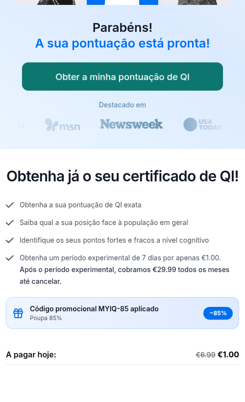 MyIQ paywall: 'Parabéns! A sua pontuação está pronta!' with promo code MYIQ-85 and pay-today €1.00