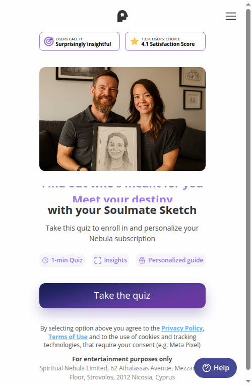 Nebula soulmate-sketch prelanding: couple holding a pencil sketch, 'Meet your destiny with your Soulmate Sketch', Take the quiz