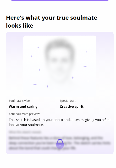 Nebula paywall reveal: 'Here's what your true soulmate looks like' with a blurred AI face behind a lock icon