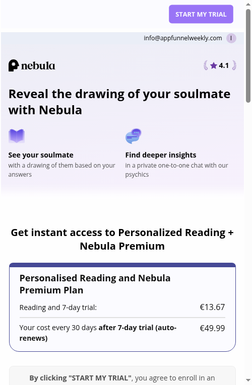 Nebula pricing: Personalised Reading + 7-day trial €13.67, then €49.99 every 30 days