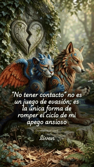 Animated GIF from a Liven ad: ornate patterned winged creatures resembling wolves and cats in a fantasy landscape, with a serif Spanish caption
