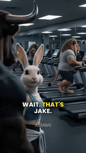 Animated GIF from a Liven ad: an animated rabbit in gym clothes on a treadmill turning to look, with the overlay WAIT. THAT'S JAKE.