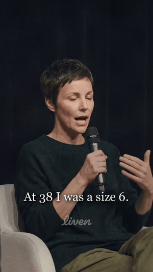 Animated GIF from a Liven ad: a woman on a conference stage holding a microphone, with the serif caption At 38 I was a size 6