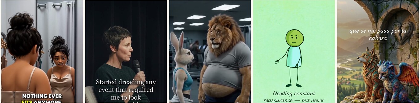 Five stills side by side from Liven Meta ads: a Pixar-style animated woman in a changing room, a woman on a conference stage with a microphone, a cartoon lion and rabbit in a gym, a green stick figure on a flat background, and ornate AI-generated winged creatures in a landscape