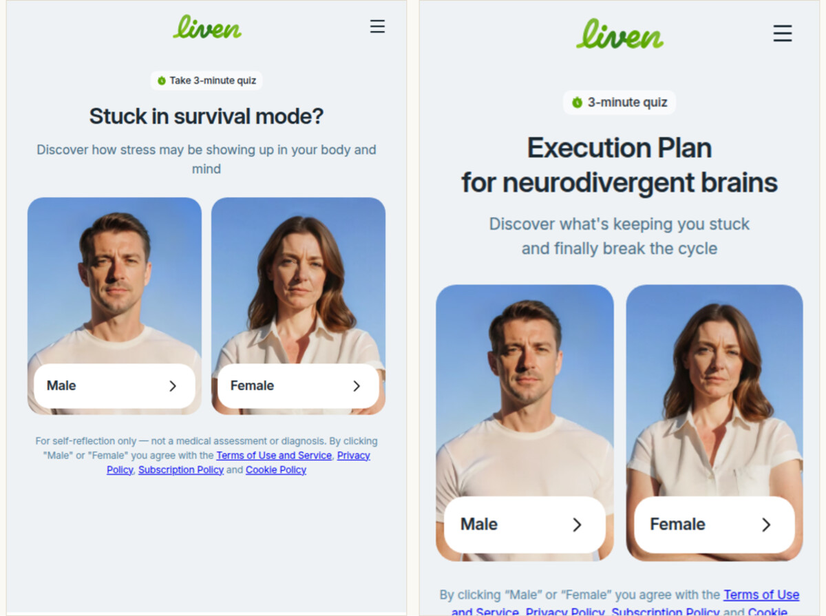 Two Liven quiz landing pages side by side. Left reads Stuck in survival mode? Right reads Execution Plan for neurodivergent brains. Both use the identical male and female portrait photos on the gender gate.