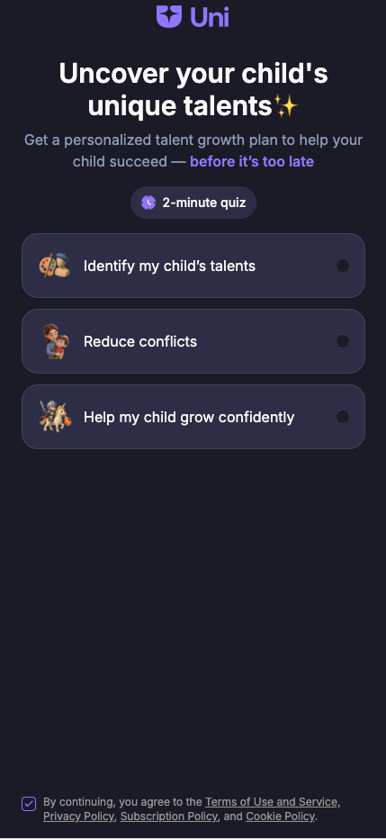 Uni hook screen — Uncover your child's unique talents lander