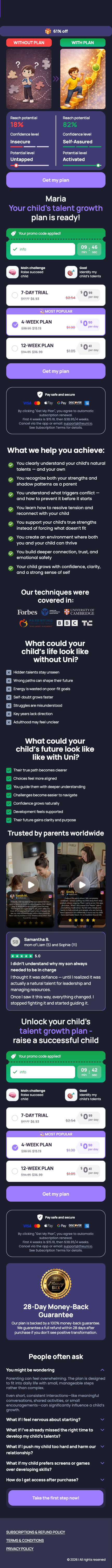 Uni sales page with three pricing tiers, testimonials, 30-day money-back guarantee