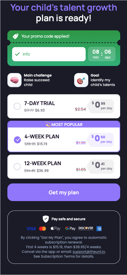 Pricing screen with 4-Week Plan pre-selected as Most Popular