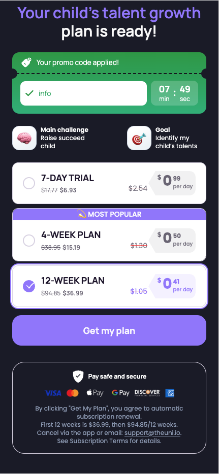 Pricing screen with 12-Week Plan selected